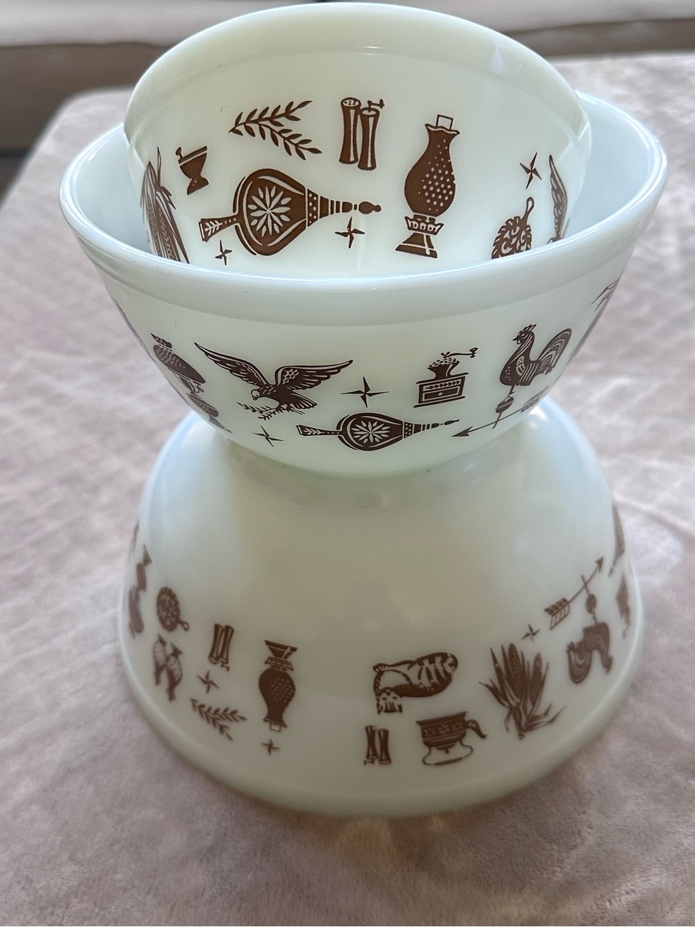 Pyrex Early American White Nesting Bowls with Brown 3 piece set 491,402 403